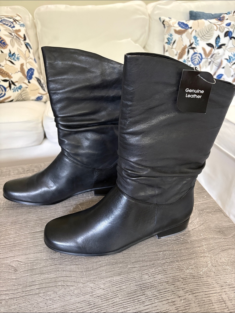 Genuine Leather Black Mid-Calf Slouch Boots